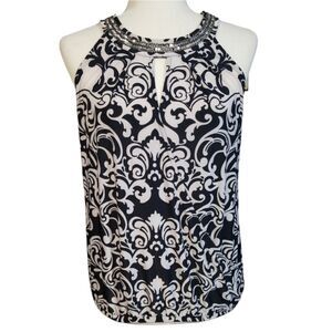 INC International Concepts Sleeveless Top Black White Embellished Neckline Small